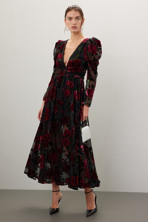 Rachel Parcell Dresses & Skirts - RACHEL PARCELL Black Red Floral Burnout A-Line Plunge Neckline Dress Size 0